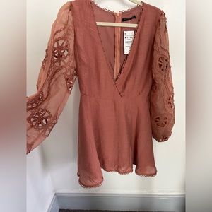 ROSE LACE DETAILED WRAP TIE-UP DRESS WITH PUFFY LONG SLEEVE